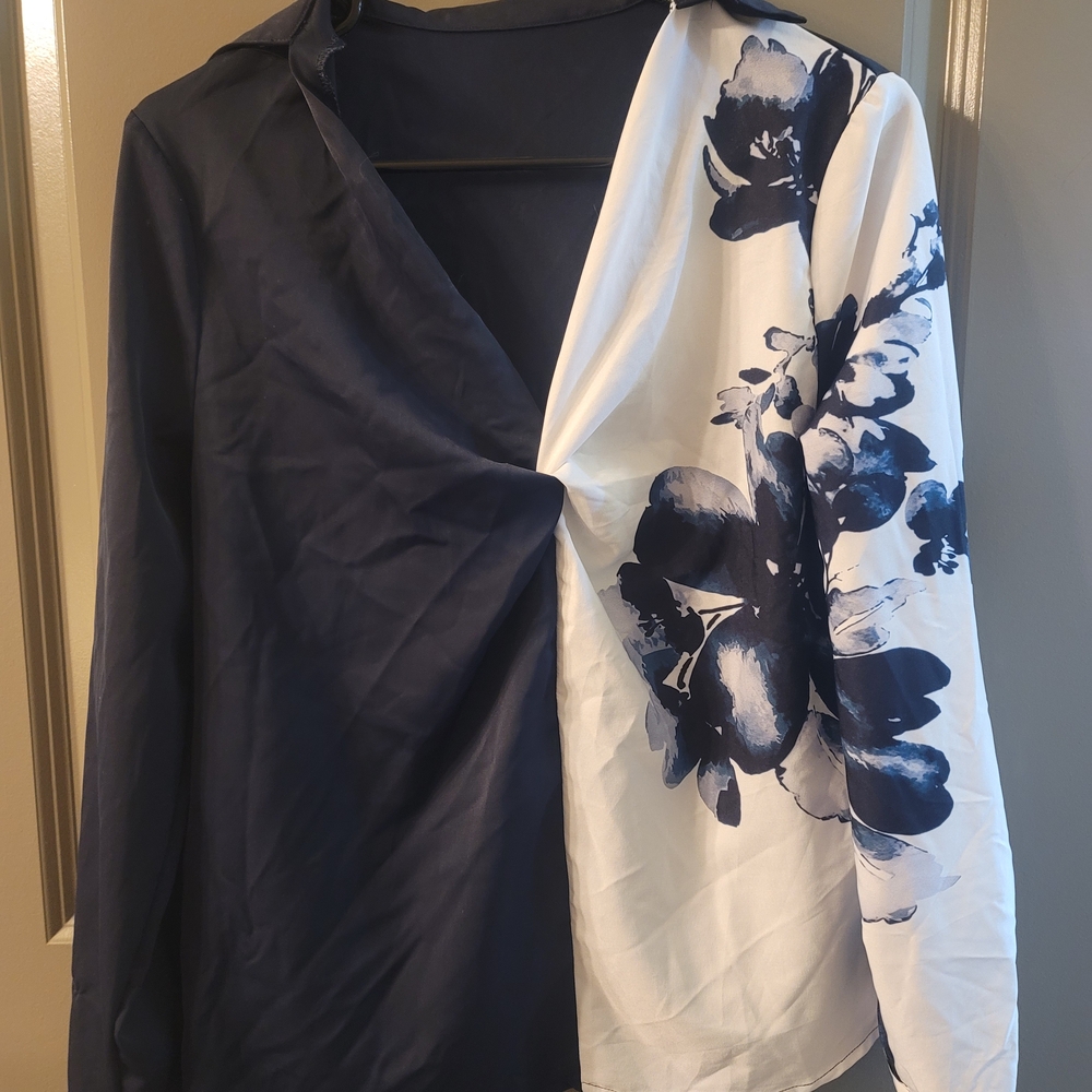 SHEIN Navy and White Floral Blouse